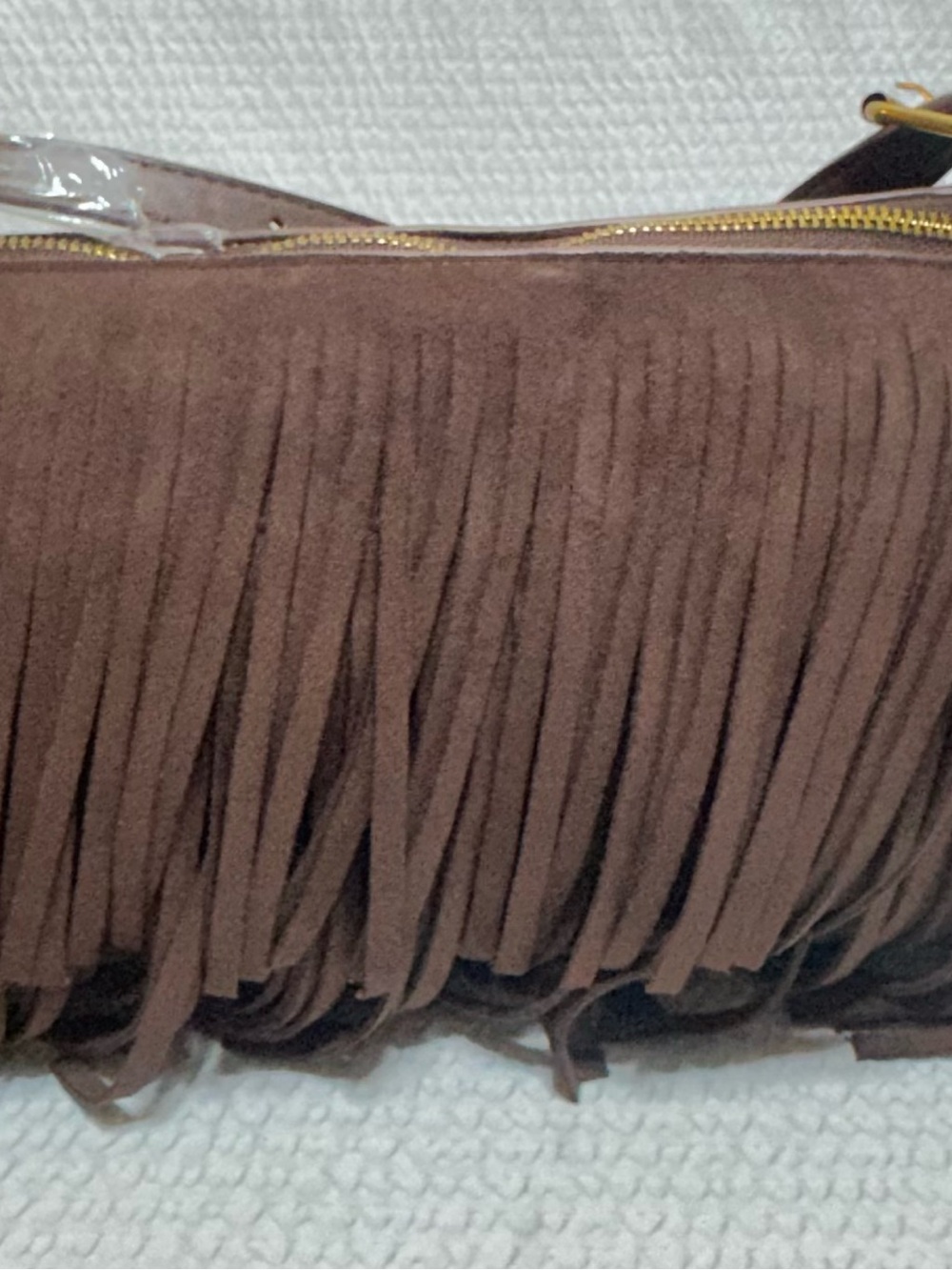 Steve madden Suede-Style Brown Fringe shoulder Bag with Gold Zip Accent